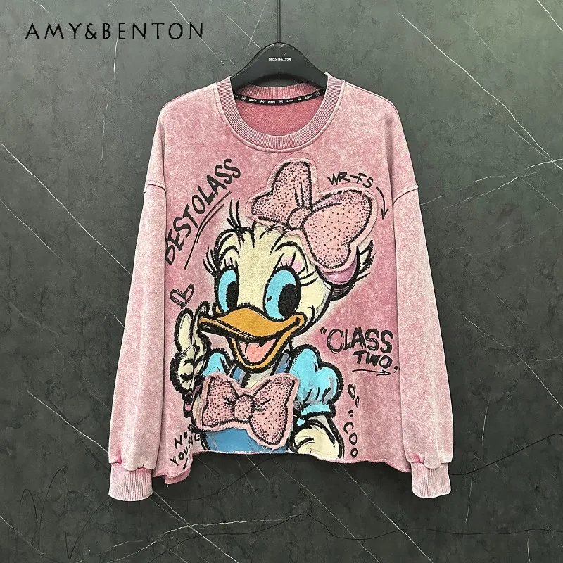 2025 Autumn Heavy Industry New Cute Age-Reducing Cartoon Crew Neck Sweatshirt Women's Loose Casual Style Versatile Top Sudaderas