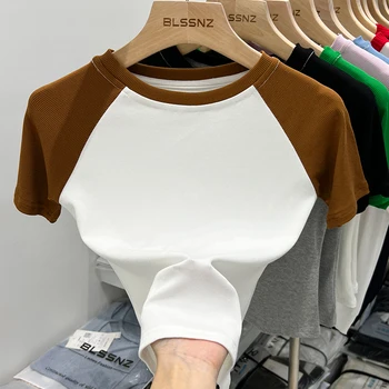 تي شيرت غير رسمي جديد عالي الجودة لعام 2025 تي شيرت مثير ضيق بأكمام قصيرة ملابس نسائية متينة Y2k قطع علوية قصيرة مضلعة 3