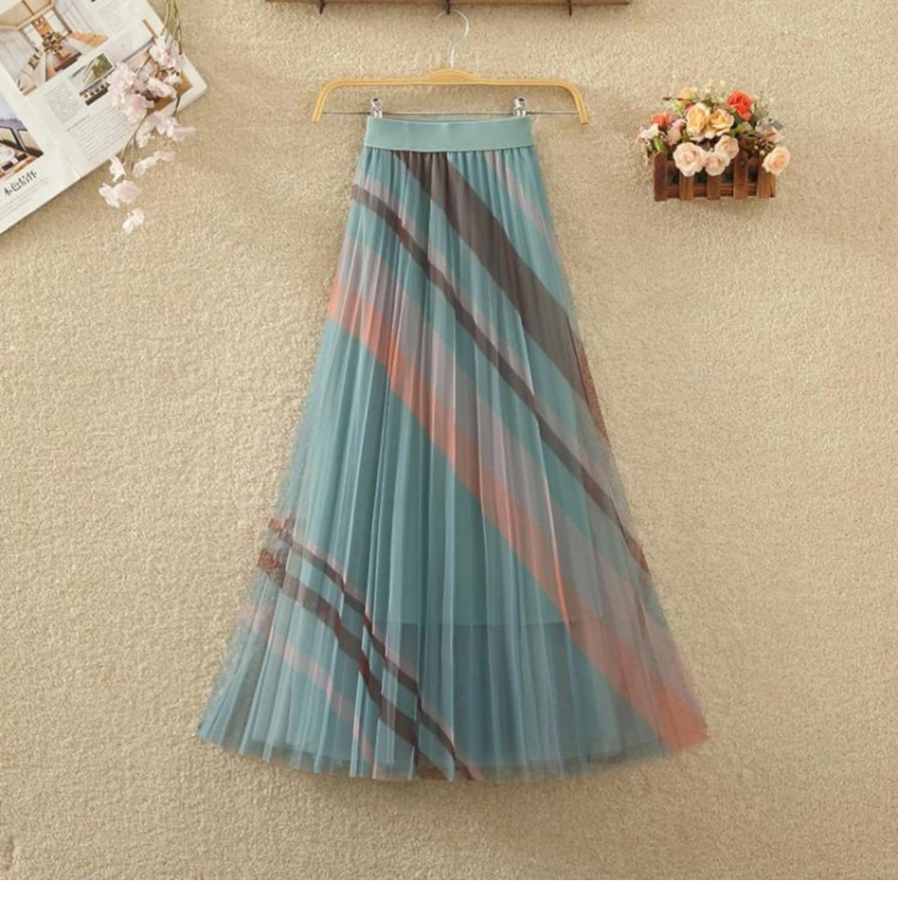 Summer Pleated Mesh Skirt Retro Collision Striped Half-body Skirt High Waist Thin Commuter Big Swing Skirt Female