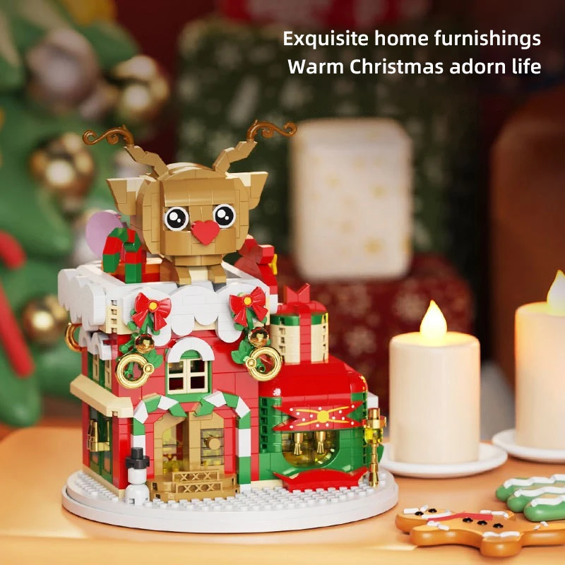 Weihnachtsgeschenke Bausteine Winter Dorf Schneehäuse Schneemann Elch mit Licht Mini Ziegel Figur Spielzeug für Kinder Neujahr Party – Detail 3