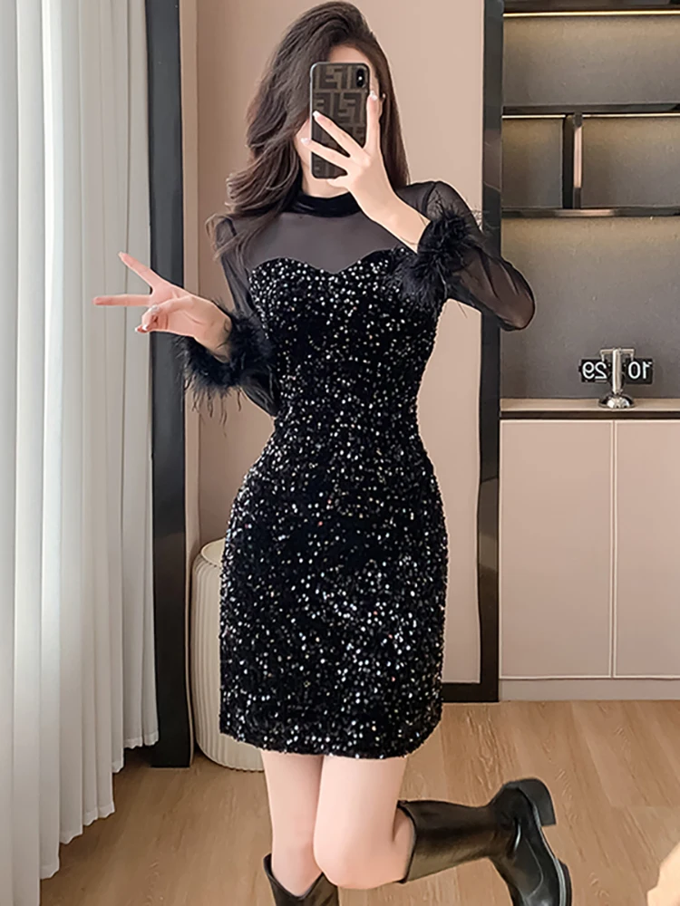 

Autumn Winter Black Velvet Sequins Luxury Short Dress Women Fashion Patchwork Mesh Sexy Club Dress 2024 Korean Vintage Vestidos