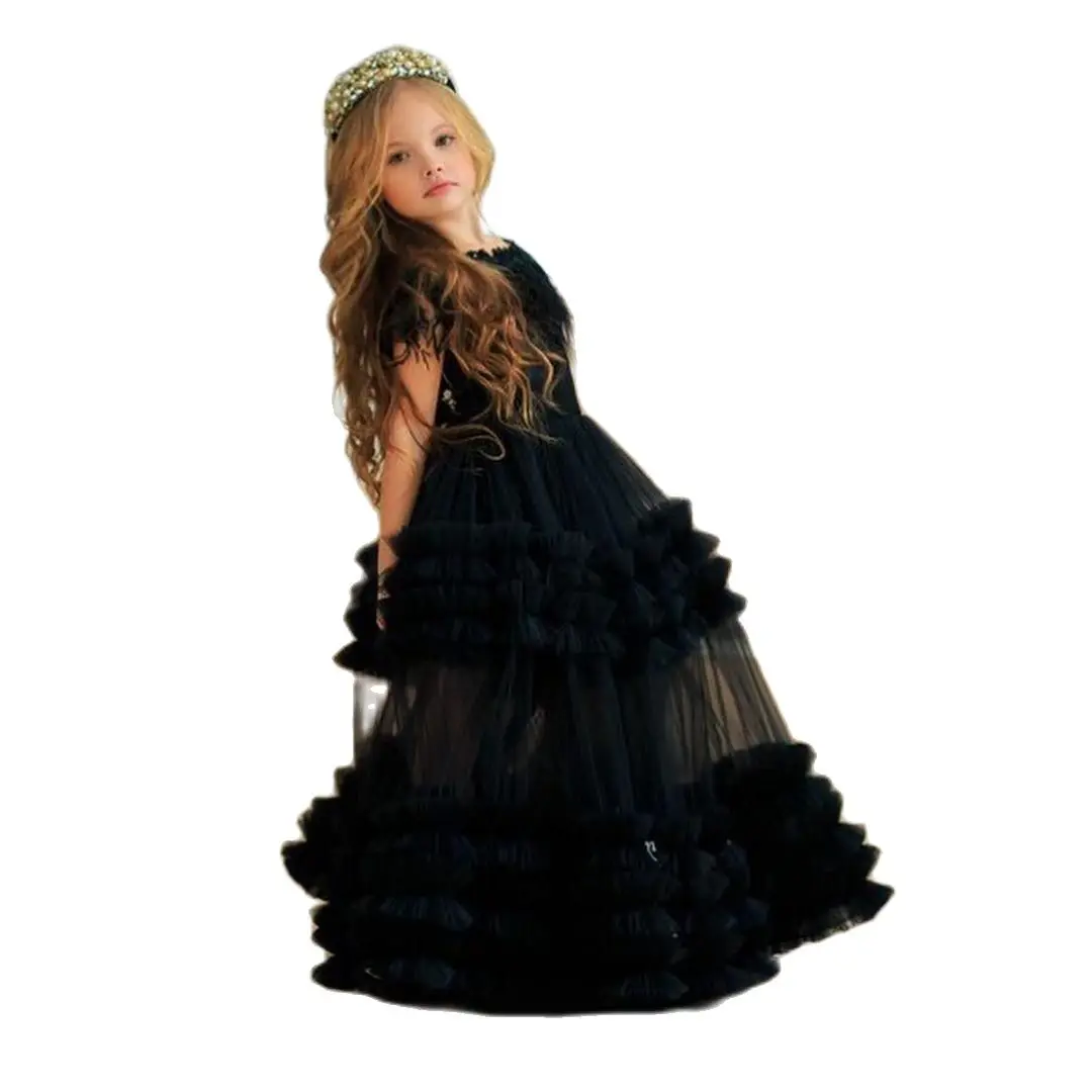 

Black Flowers Girls Dresses Tiered Ruffles Feather Off Shoulder Floor Length Kids Teens Pageant Gowns Birthday Party Dress For W