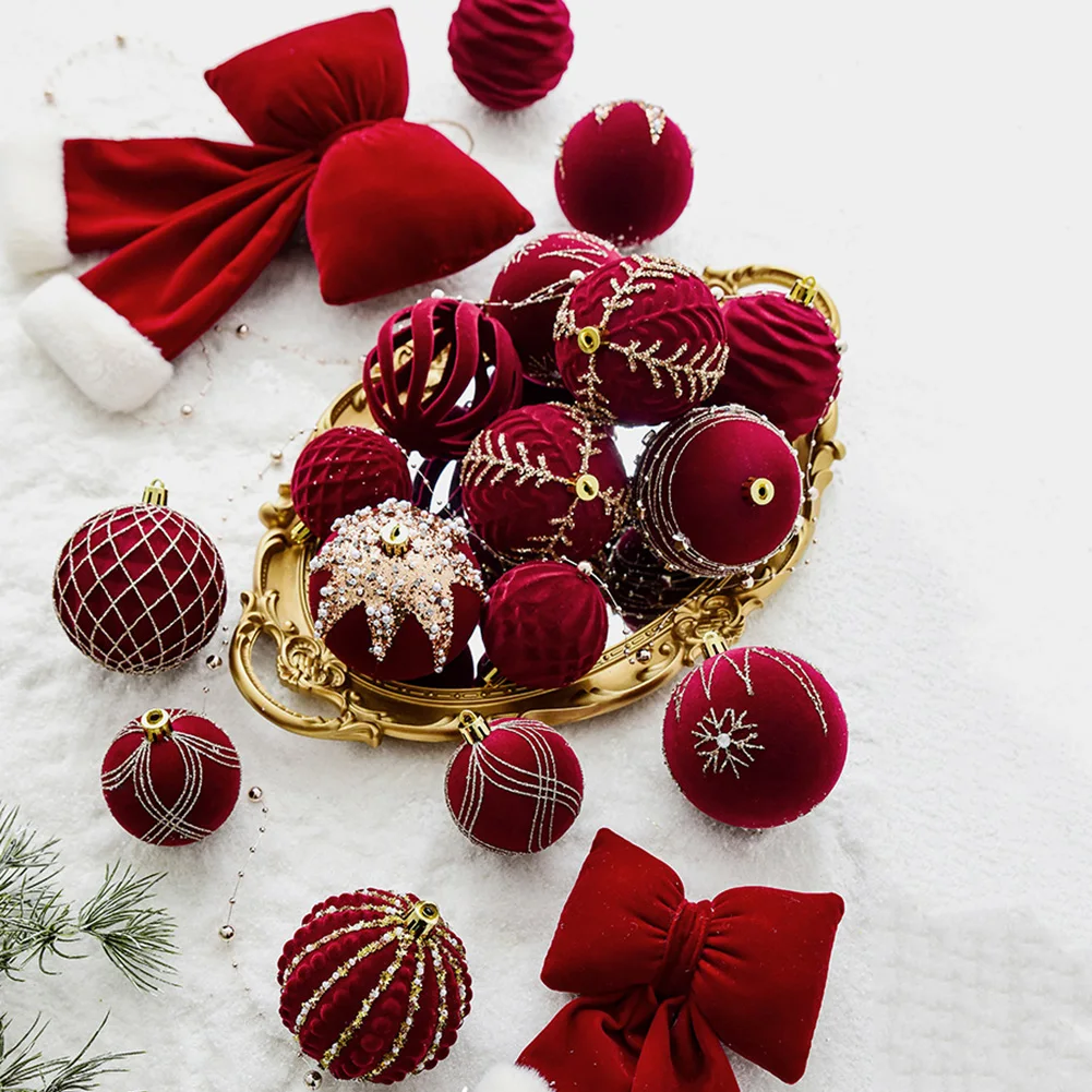 

8CM Christmas Painted Balls Red Flocking Ball Christmas Bow Ornaments New Year Hanging Bauble Pendants Navidad Noel