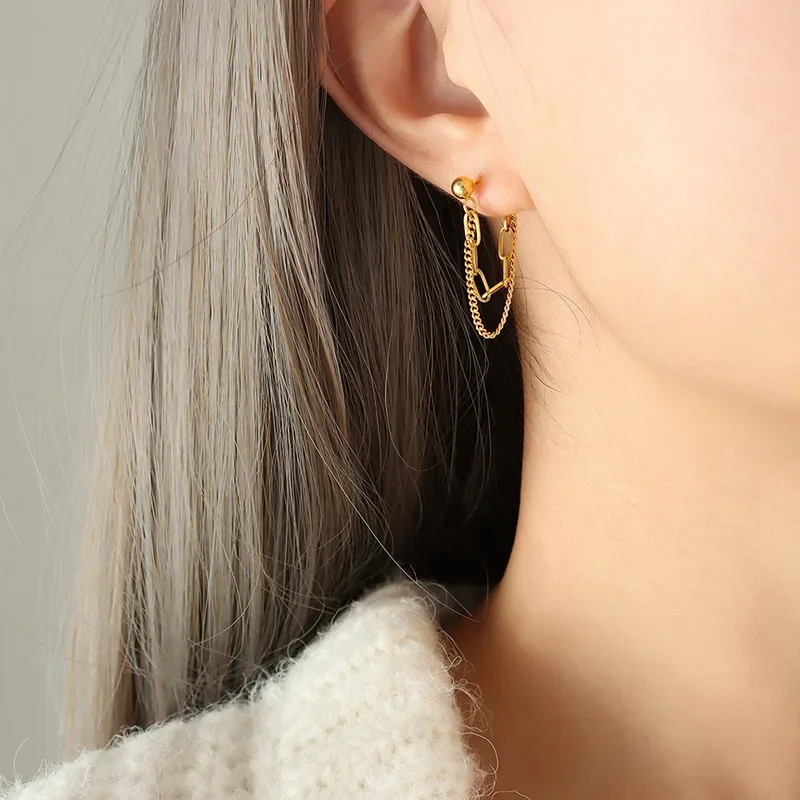 

Long Tassel Double Chain Earrings Titanium Steel Gold-Plated Stud Earrings Ladies 2023 Gift Fashion Jewelry