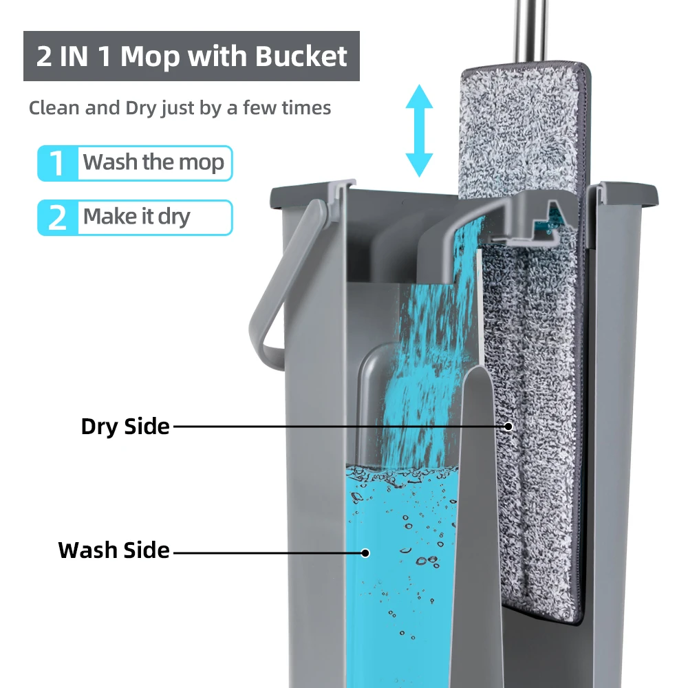 Hand Free Flat Floor Mop And Bucket Set For Professional Home Floor Cleaning System With Washable Microfiber Pads For Hardwood 2