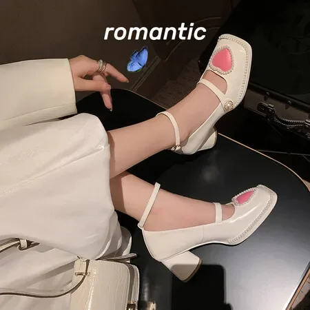 

Thick Heels and Shallow Mouth Single Shoes 2024 New Fashion Versatile Love Pearl Square Head with High Heels Mary Jane Shoes For