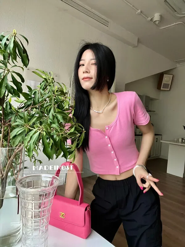 

Summer must big U-collar open-button short-sleeved T-shirt women slim show short jacket gray22