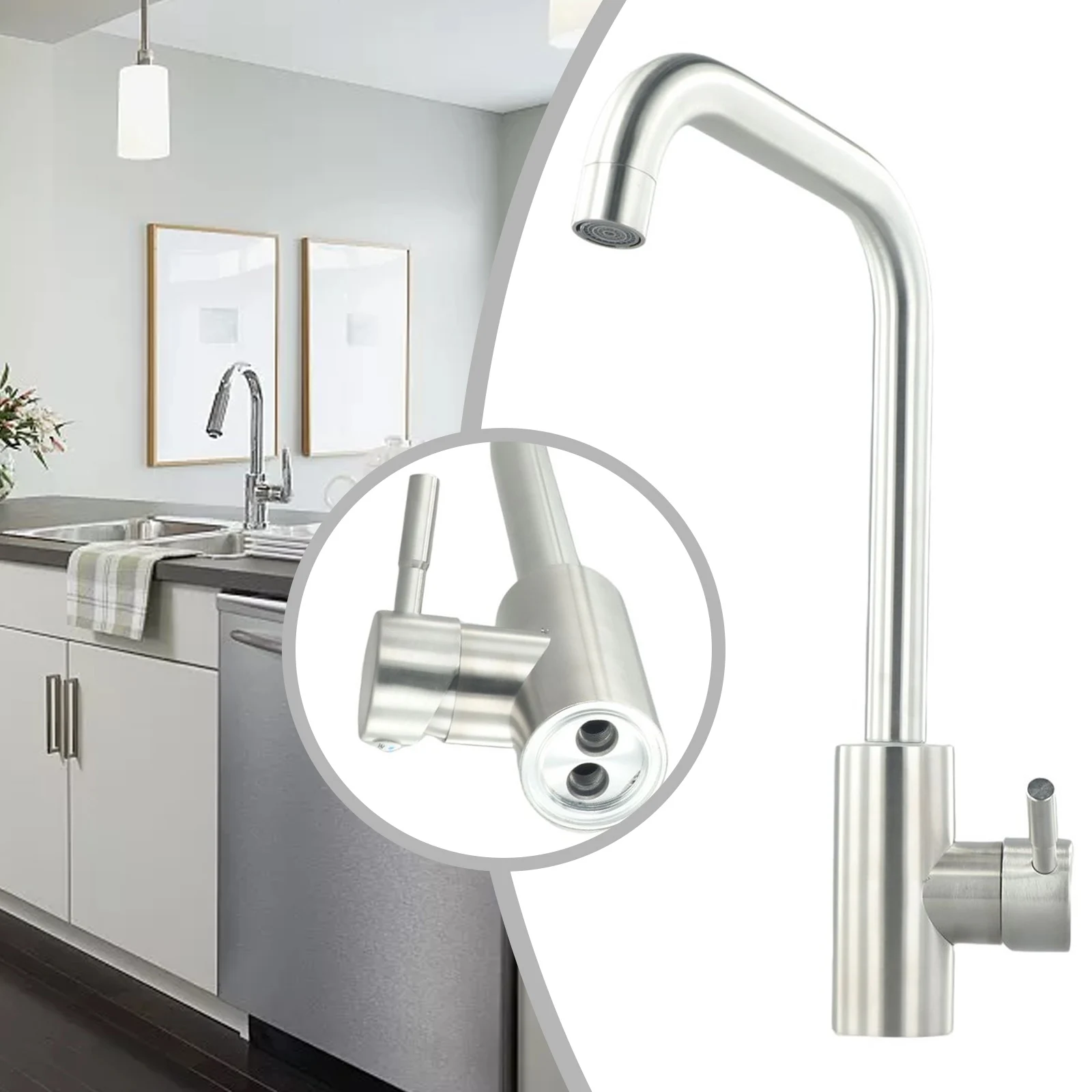 

Kitchen Water Faucet Stainless Steel Sink Faucets Cold/Hot Mixer Tap Bathroom Basin 360 ° Rotation Single Handle Taps