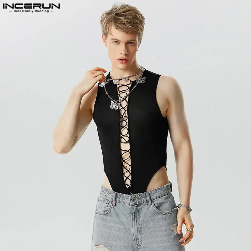 

INCERUN 2023 Sexy Fashion Mens Homewear Jumpsuits Male Well Fitting Flash Lace Rompers Cross Sleeveless Triangle Bodysuits S-5XL