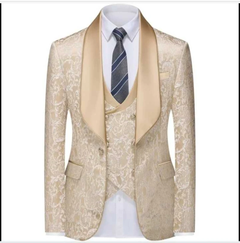 New Champagne Jacquard Men's 3 Pieces Suit Formal Shawl Lapel Slim Fit Groom Tuxedos Best Man Blazer Set For Wedding Party Prom