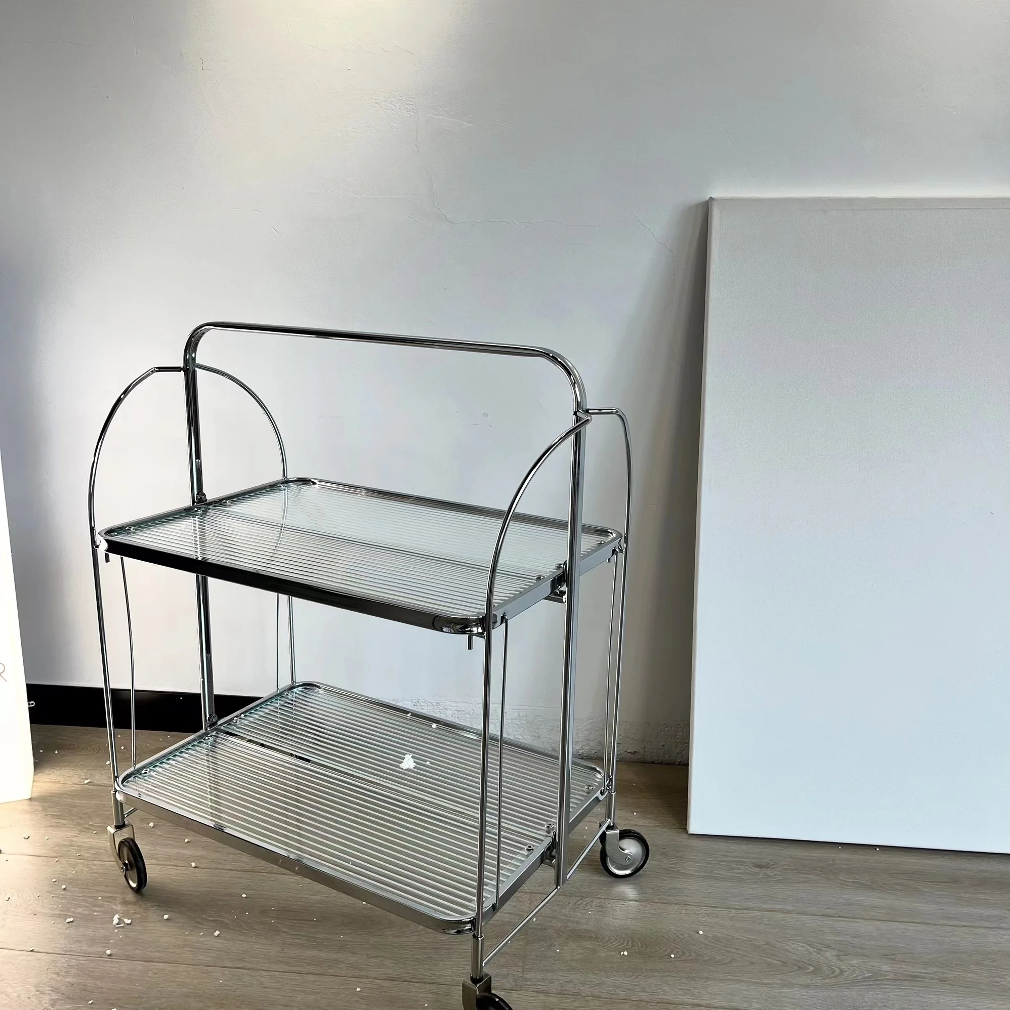 Description Picture 3 of itemTransparent Glass Dining Car Trolley Home Kitchen Bar Wheel Table Foldable Side Table Living Room Bedroom Mobile Shelf Furniture