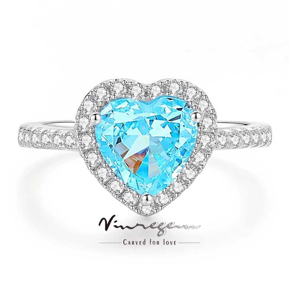 

Vinregem 8 MM Heart Cut Aquamarine Ruby Tanzanite Sapphire Gemstone Ring for Women 100% 925 Sterling Silver Engagement Jewelry