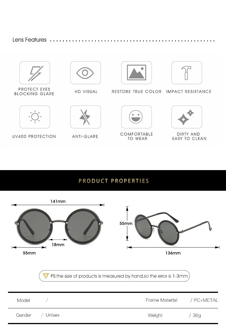 QPeClou 2019 Fashion Chain Round Sunglasses Women Metal Brand Designer Sun Glasses Men Black Eyeglasses Not Included Chain Women's Glasses