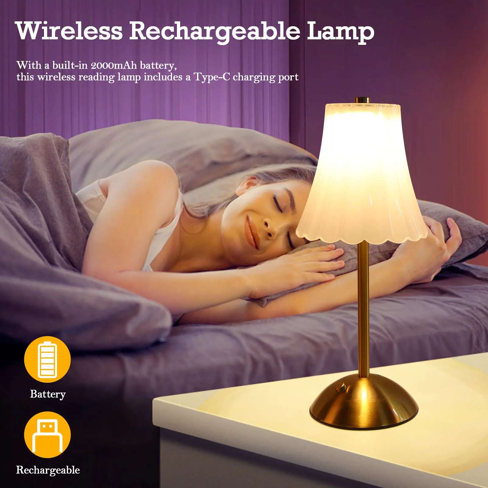 LED Elegant Table Lamp Touch Sensor Desktop Night Light Type-C Rechargeable Crystal Touch Desktop Light for Bar Hotel Restaurant