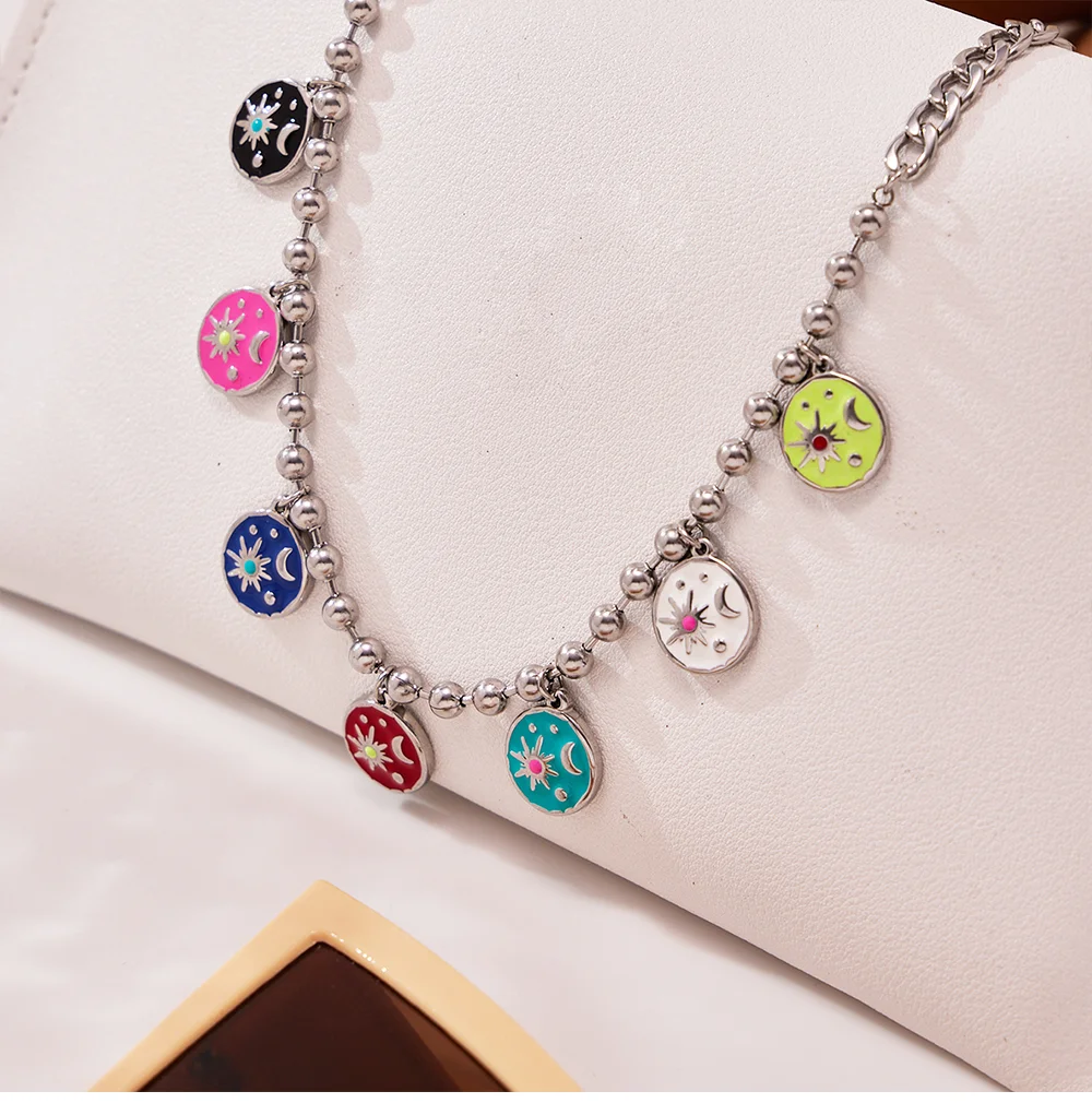 Edelstahl Perlen Kette Halskette Halsband Für Frauen Bunte Emaille Sterne Mond Anhänger Halskette Femme Wasserdicht Schmuck – Detail 9
