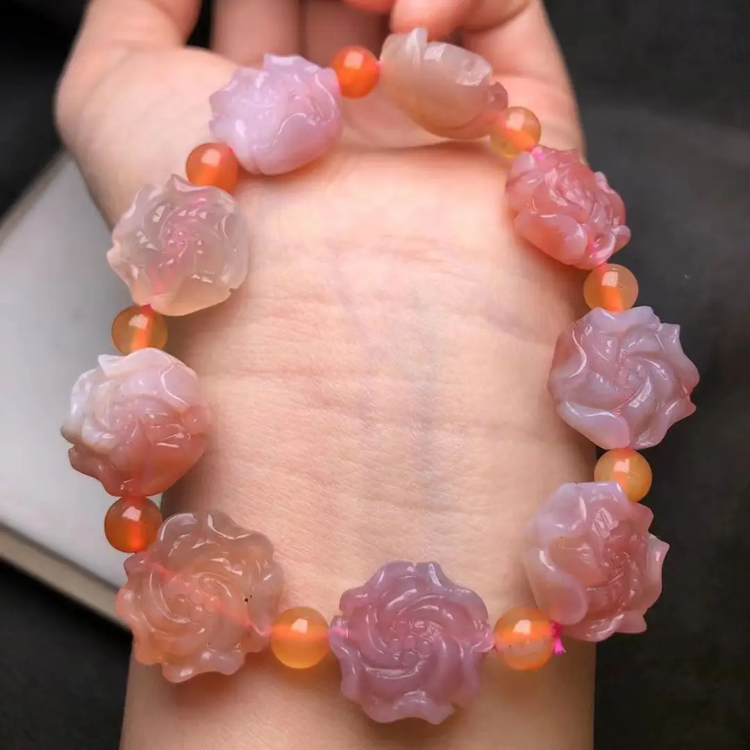

Exquisite jewelry natural agate Bracelet Hand carving roses Evenly Perfect Multicolored Handring delicate Jewelry