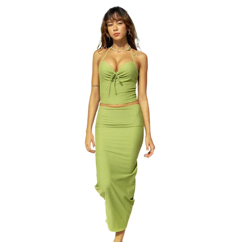 

Europe And America Women's 2023 Summer New Hanging Neck Sleeveless Top Spicy Girl Half Skirt Set