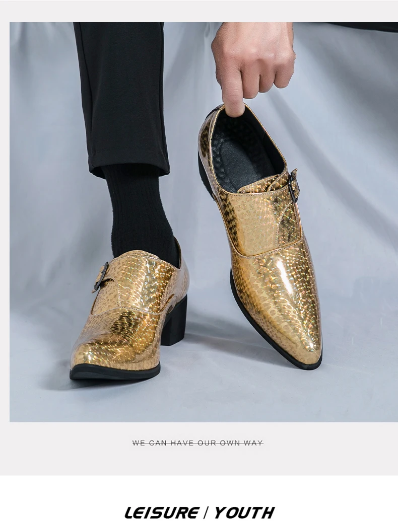 Luxus High Heel Casual Männer Mönch Strap Schuhe Blau Schwarz Gold Polieren Faulenzer Männer Kleid Schuhe Hochzeit Büro Leder Schuhe Männer – Detail 16