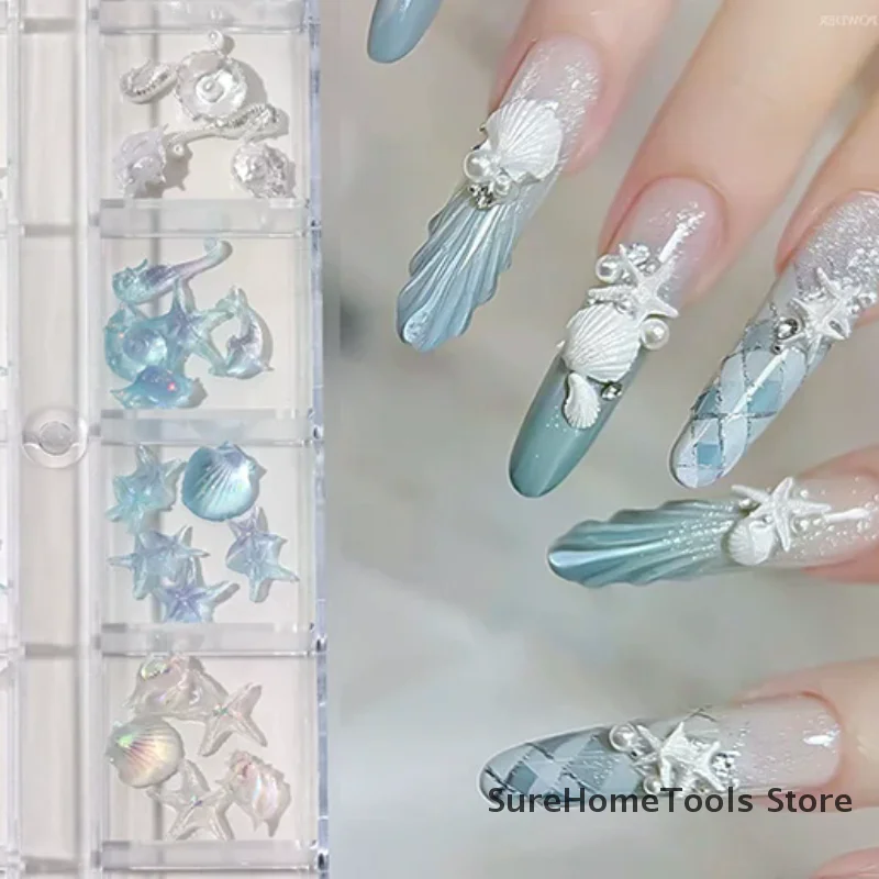 12Grid 60Pcs Ocean Series Nail Charms Ice-Clear Resin Seashell Starfish 3D Mixed Shells DIY Manicure Decorations