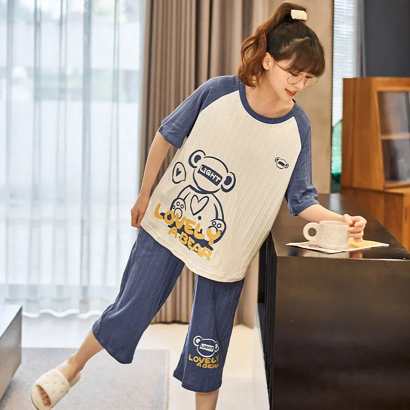 Summer Cotton Homewear Women's Short Pajamas Set Calf Pant Sleep Tops Sleepwear Female Girl Nightwear pijamas feminino Freeship