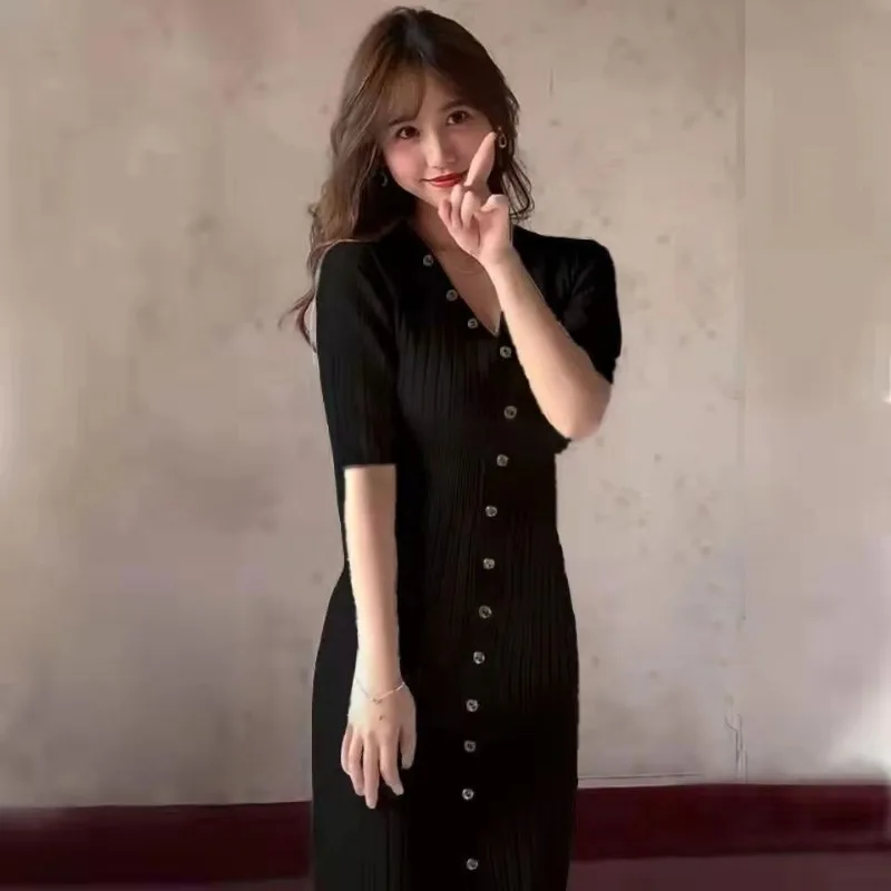 Long Sleeve V Neck Midi Sweater Dress Women Thick Knit Autumn Winter  Dresses Femal Slim A-line Basic Solid Dress Chinese Hot