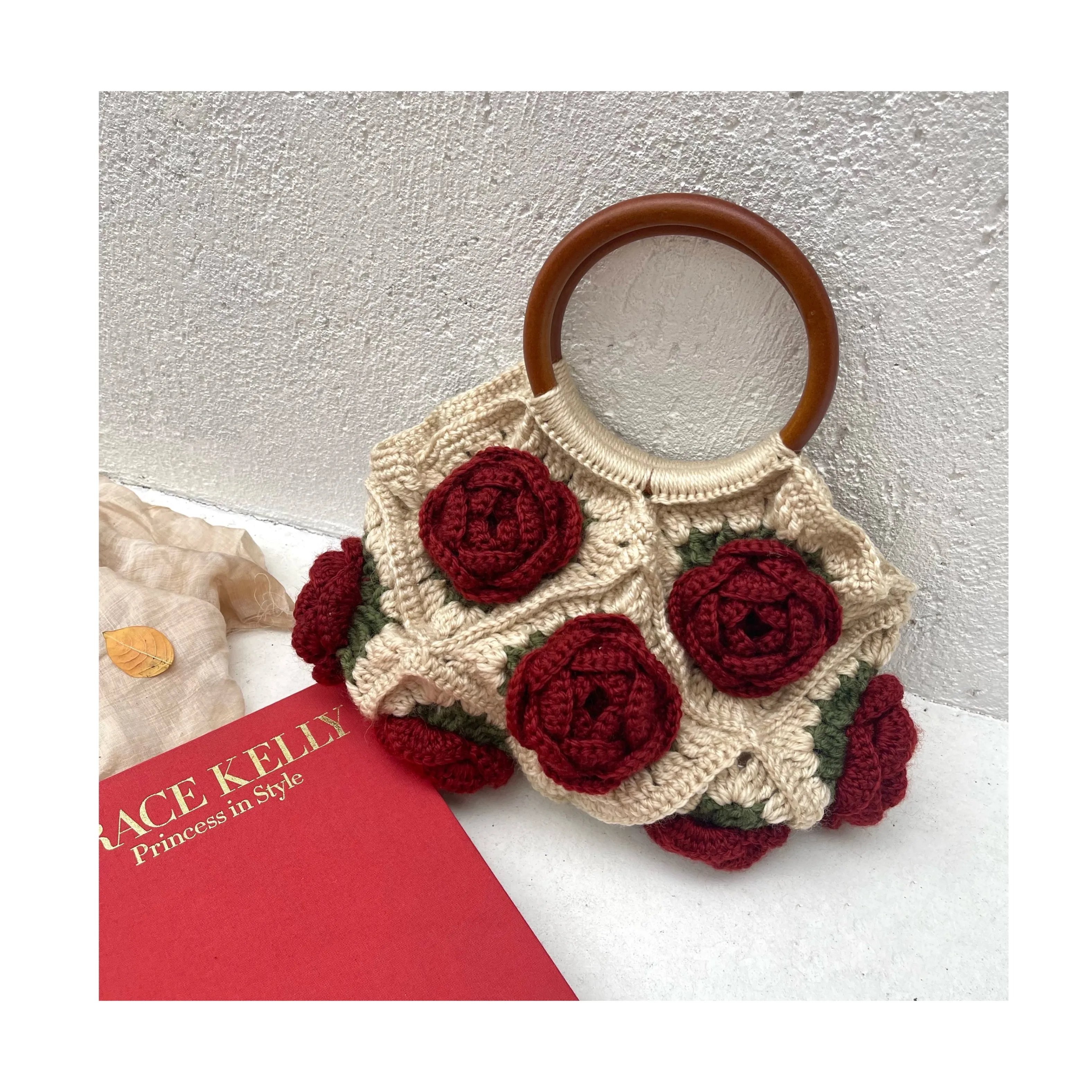 Fashion Original Design Fashion Women Shoulder Bag Yarn Crochet Handmade Flower Casual Tote Lady Shopping Handbag