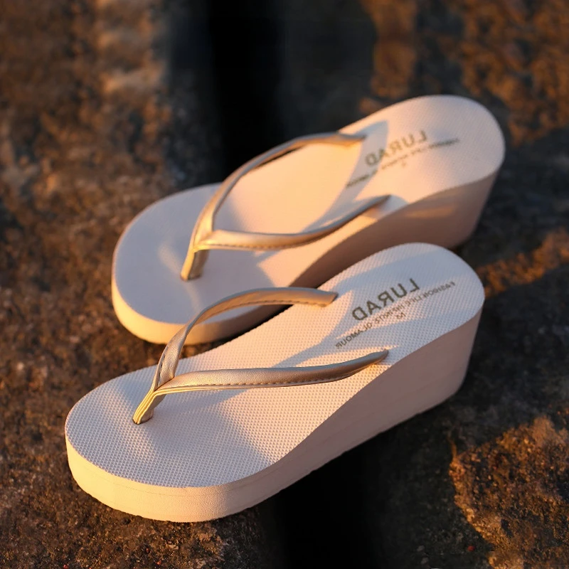 Korean Version of High-heeled Women Flip-flops Summer Outdoor Thick-soled Elegant PU Ribbon Non-slip Beach Slippers Height 6.5cm