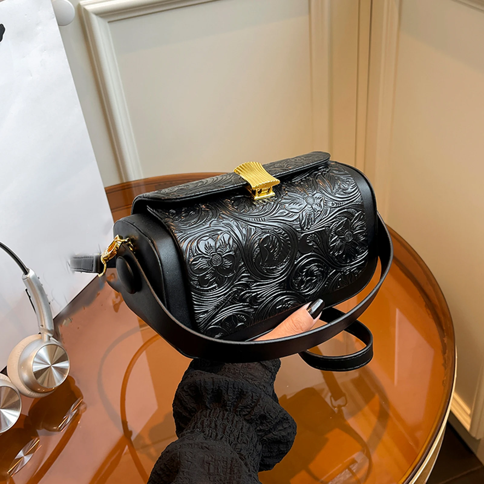 Women PU Leather Shoulder Bags Vintage Square Bags Floral Underarm Bag for Work Shopping Travel