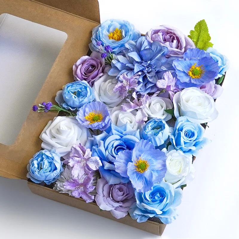 Yannew Künstliche blaue Seidenblumen-Kombi-Box-Set mit Stielen für selbstgemachte Hochzeitstorte, Brautsträuße, Party, Tischdekoration – Detail 10