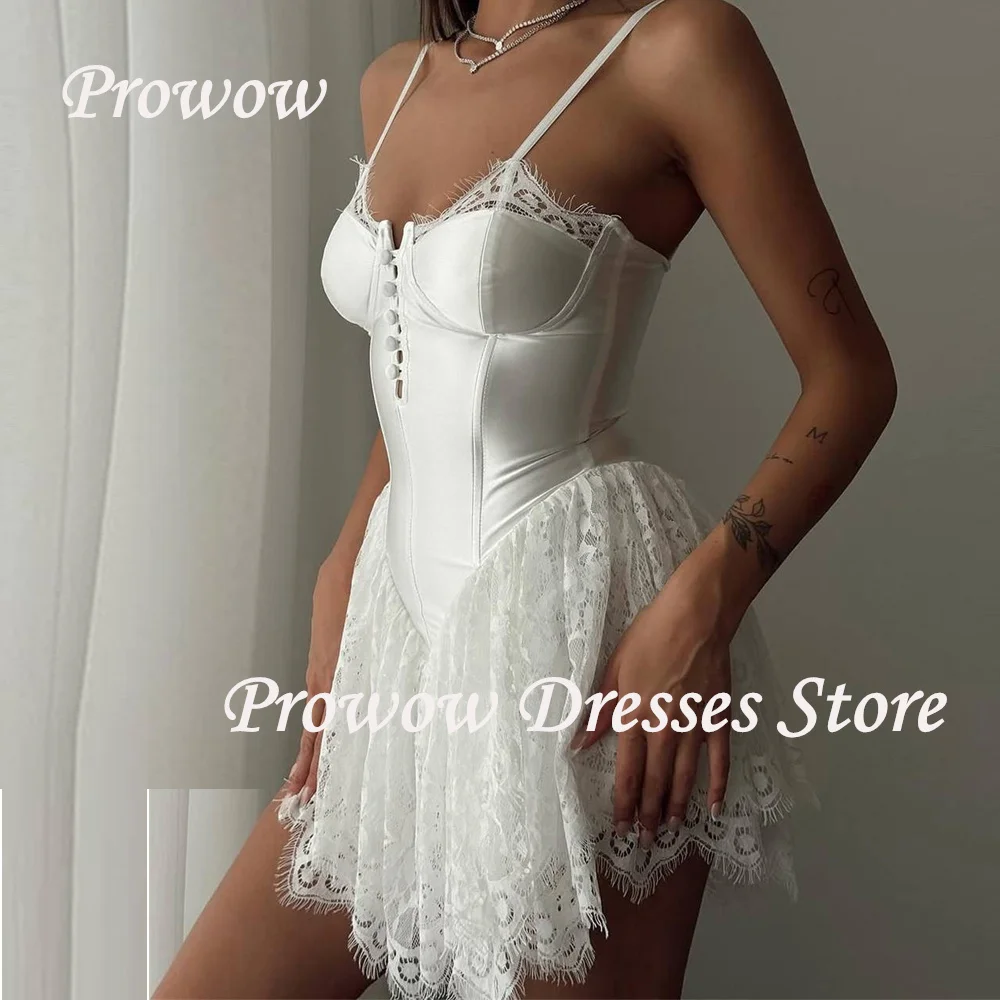 Prowow Sexy Lace Short Prom Cocktail Dresses Sweetheart Neck Black White Mini Wedding Party Gowns Button Asymmetrical Customized