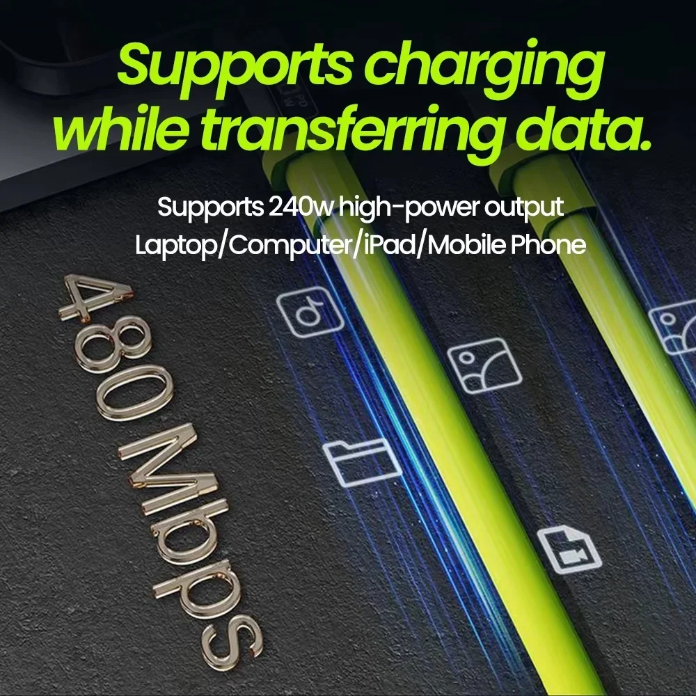 240W USB C Data Cords Silicone Fast Charging USB To Type-C Quick Charge 3.0 Data Cable for iPhone 15 16 Huawei, Xiaomi, Samsung