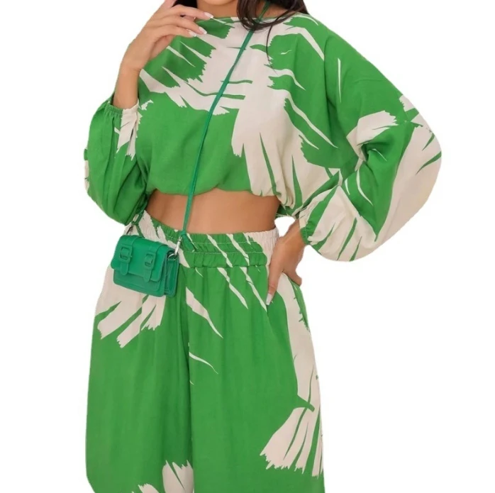 Women's Fashion Printed Round Neck Crop Top & High Waist Wide Leg Pants Set 2024 New Summer Female Casual Two-Piece Sets Outfits