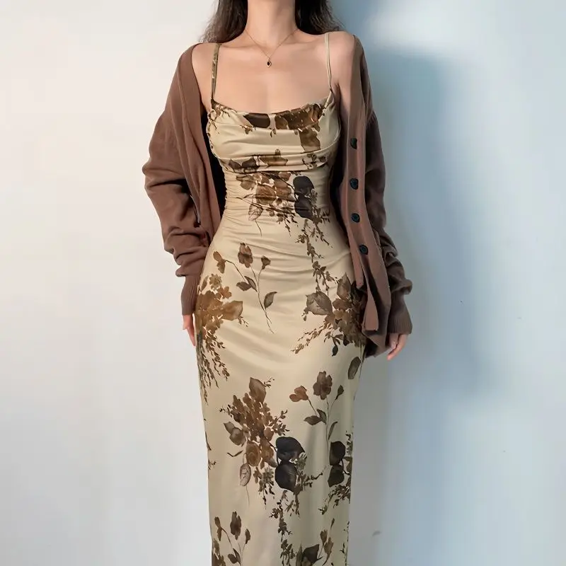

Fashion Floral Print Dress for Women Slim Elegant Ruched Maxi Dress Spaghetti Strap Sleeveless Backless Zip Long Dress Vestido