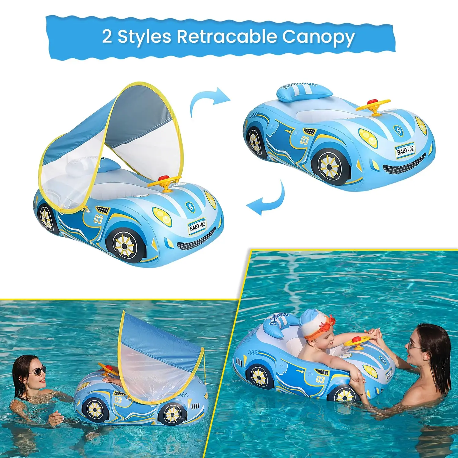 Kid Car Swimming Seat Float Ring Inflatable Infant Floating for Summer Swim Boat Circle Bathing Pool Water Toy with Canopy 2