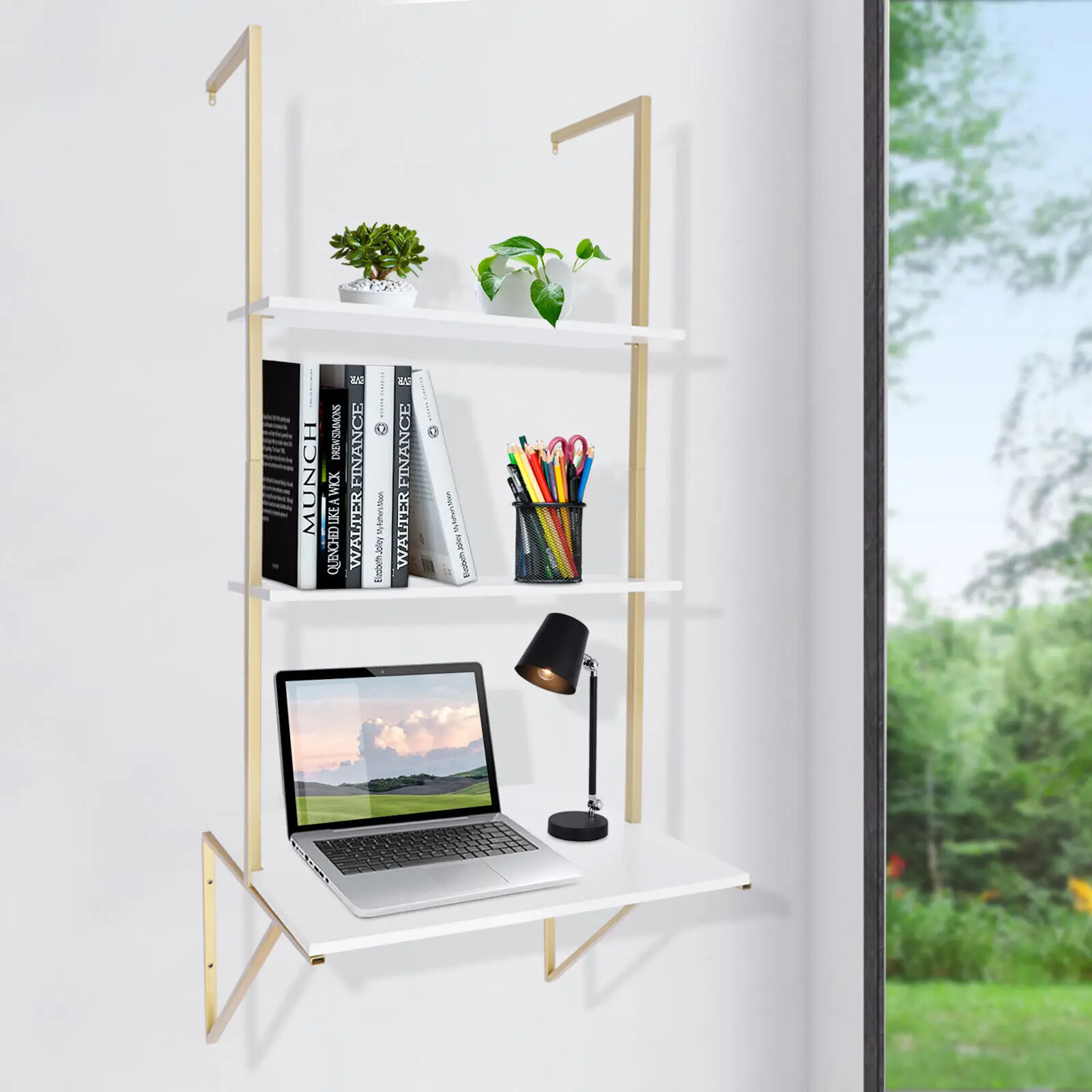 

78*50CM Ladder Desk Wall Mounted 3 Tier Floating Shelf Laptop Desk White Gold