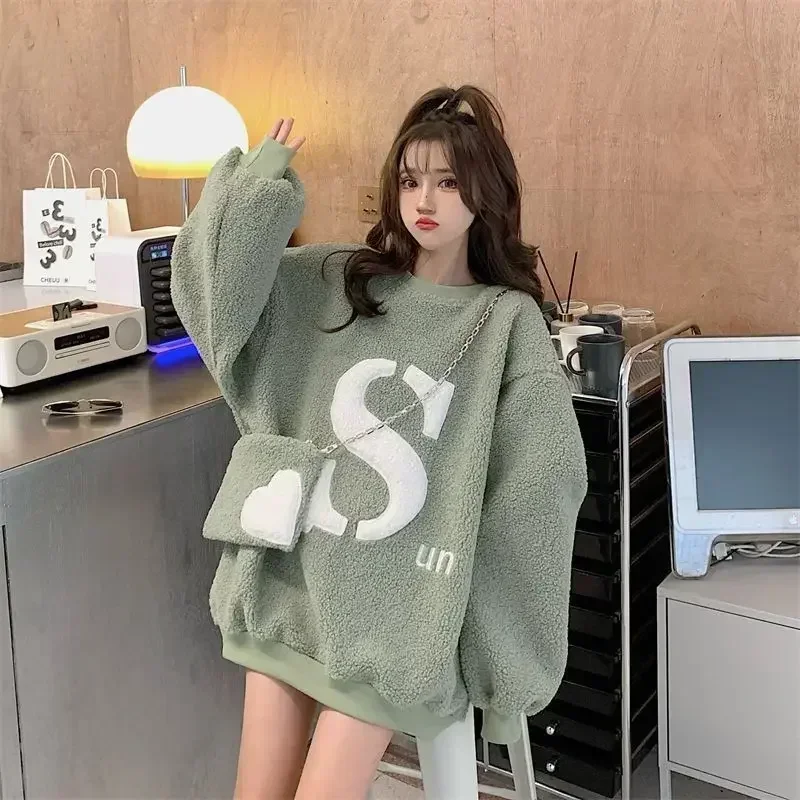 

Women Lamb Hoodies With Bag Lady Letter Sweatshirts Female Loose Outerwear Long Sleeve Pullover 2024 Autumn Winter Warm Clothing