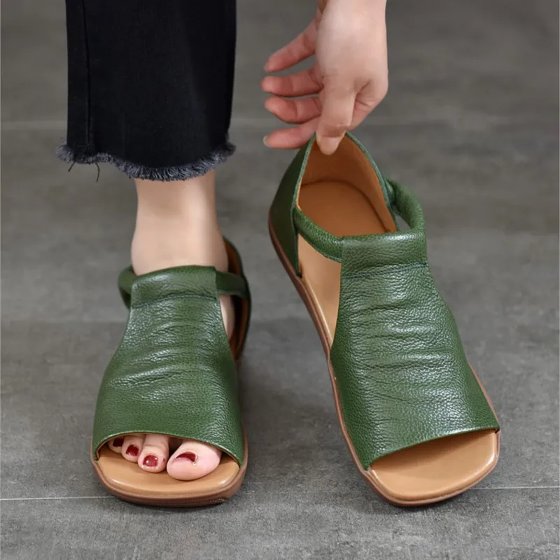Johnature Peep Toe Flat Sandals 2025 Summer New Retro