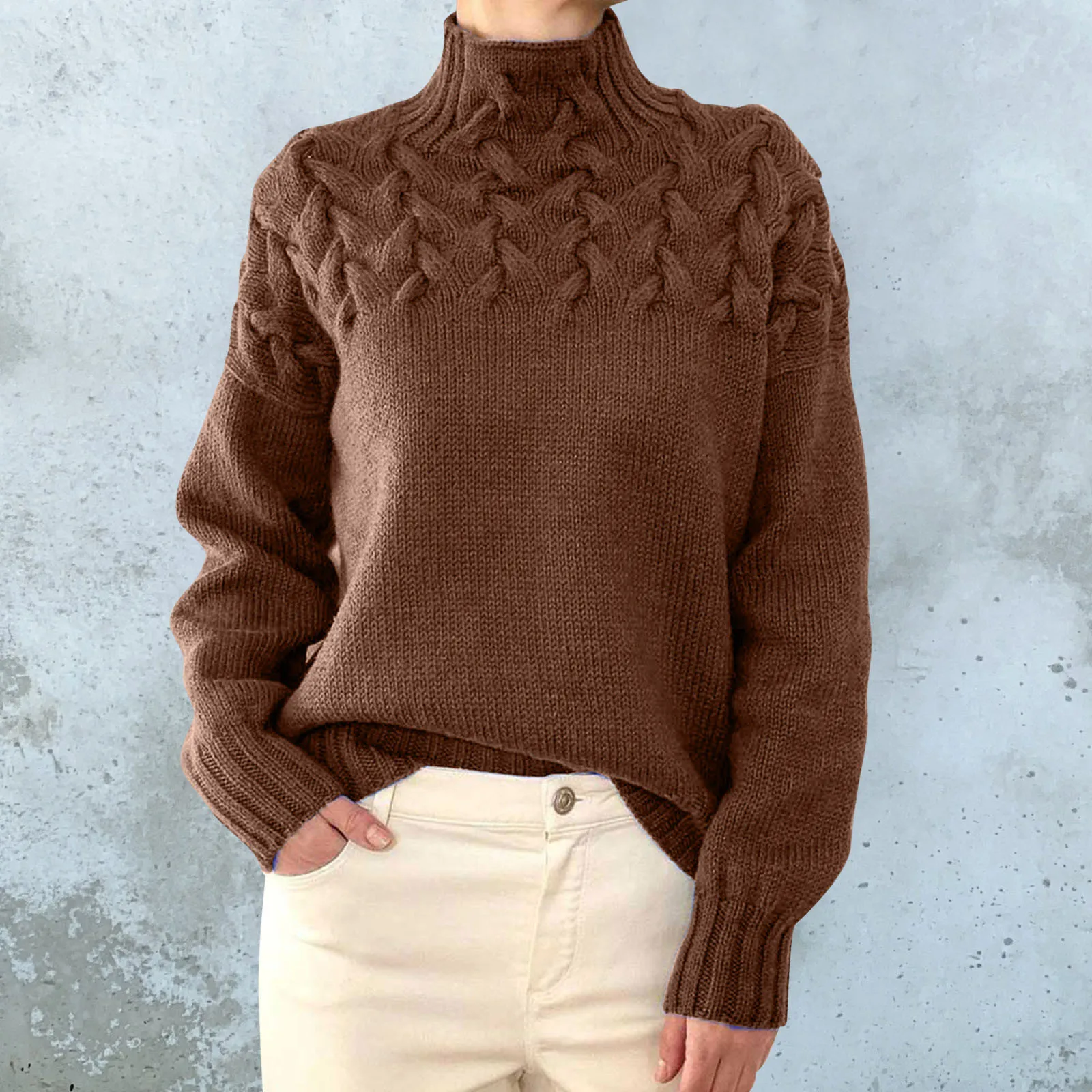 thumbnail image 1 of Suéteres de punto de manga larga con cuello alto y farol para mujer, suéteres elásticos gruesos para otoño e invierno, suéteres clásicos y cálidos, 1 of 5