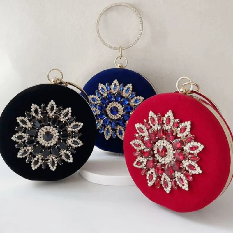 Vintage Velvet Floral Woman Clutch Bag Evening Bag Round Bag Luxury Design Exquisite For Ladies Girls Wedding Party Bag Purse