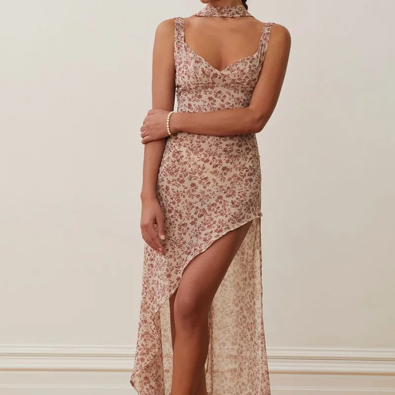 

Women Floral Print Sleeveless Dress Sexy Deep VNeck Bandage Backless Irregular Elegent Long Dress Beach Party for Nightclub Wear