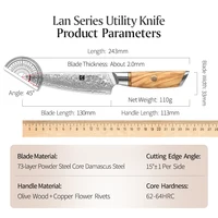 XINZUO 5" inch Utility Knife Kitchen Knives Japanese 73-layer Powder Steel Core Damascus Steel 62-64 HRC Vegetable Peeling Knife 6