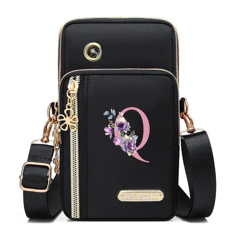 Floral Print Mobile Wallet with Zippered Card Organizer and Adjustable Strap