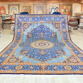 9'x12' Handknotted Silk Area Rug Medallion Kid Friendly Luxury Blue Carpet (TJ537A)