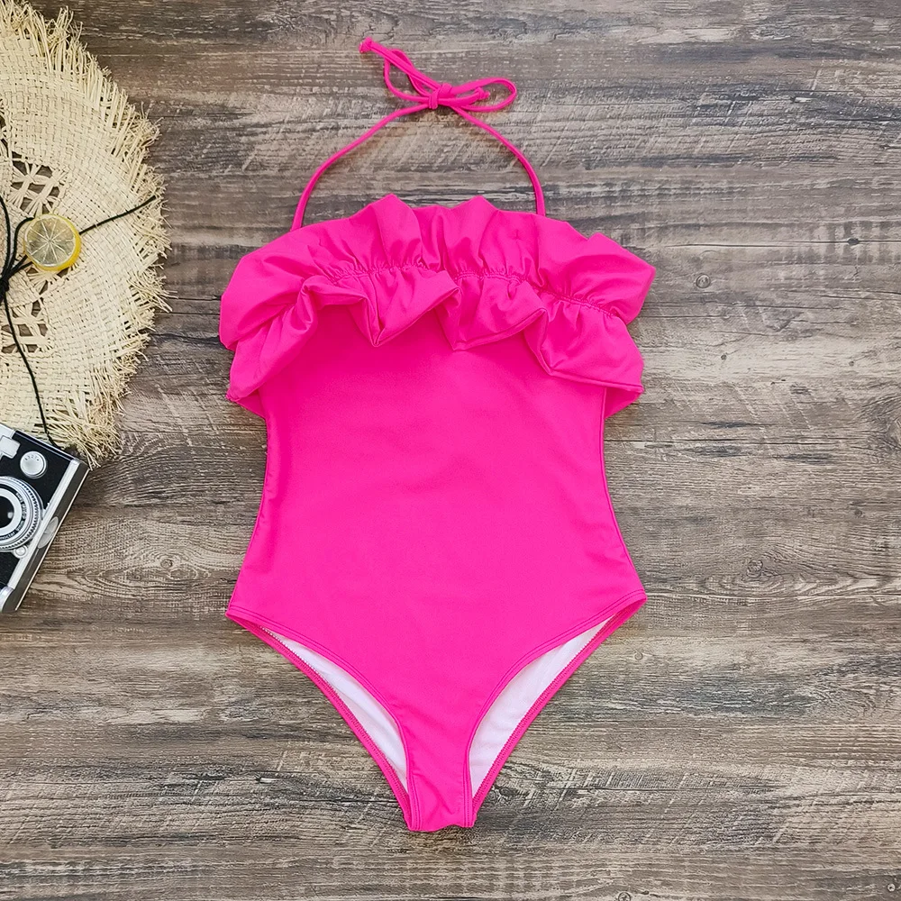 Strapless Backless One-piece Swimwear Women's New Hanging Neck Foreign Trade Sexy Swimsuit Solid Color High Waist Bikini Summer
