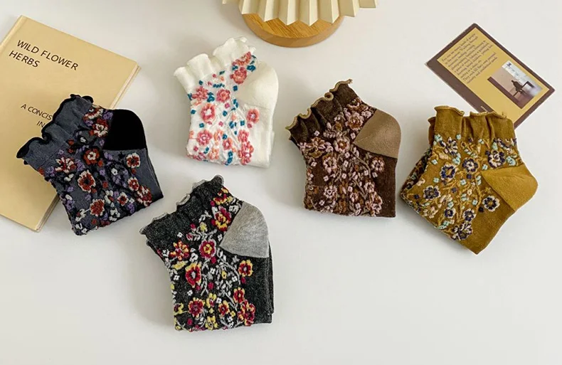 5 Paar Rüschensocken mit Rüschen für Damen, Harajuku, Blumendruck, japanische Mode, Lolita-Stil, kurze Socken für Mädchen, Pack Calcetines – Detail 3
