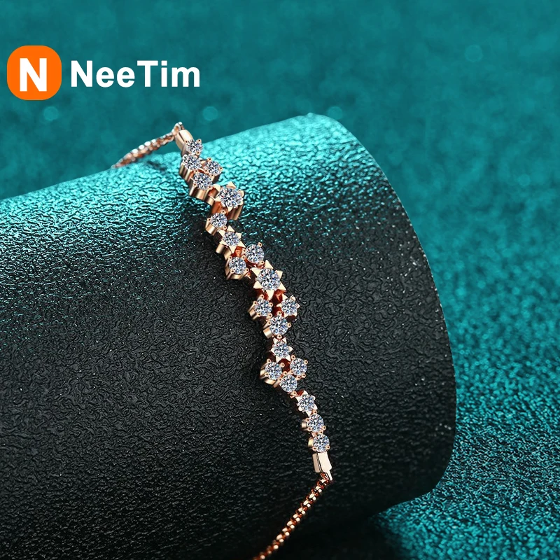 NeeTim All Moissanite Chain Bracelet for Women 925 Sterling Silver Lab Diamond Mosan Bracelets Bangle Pass Diamond Tester
