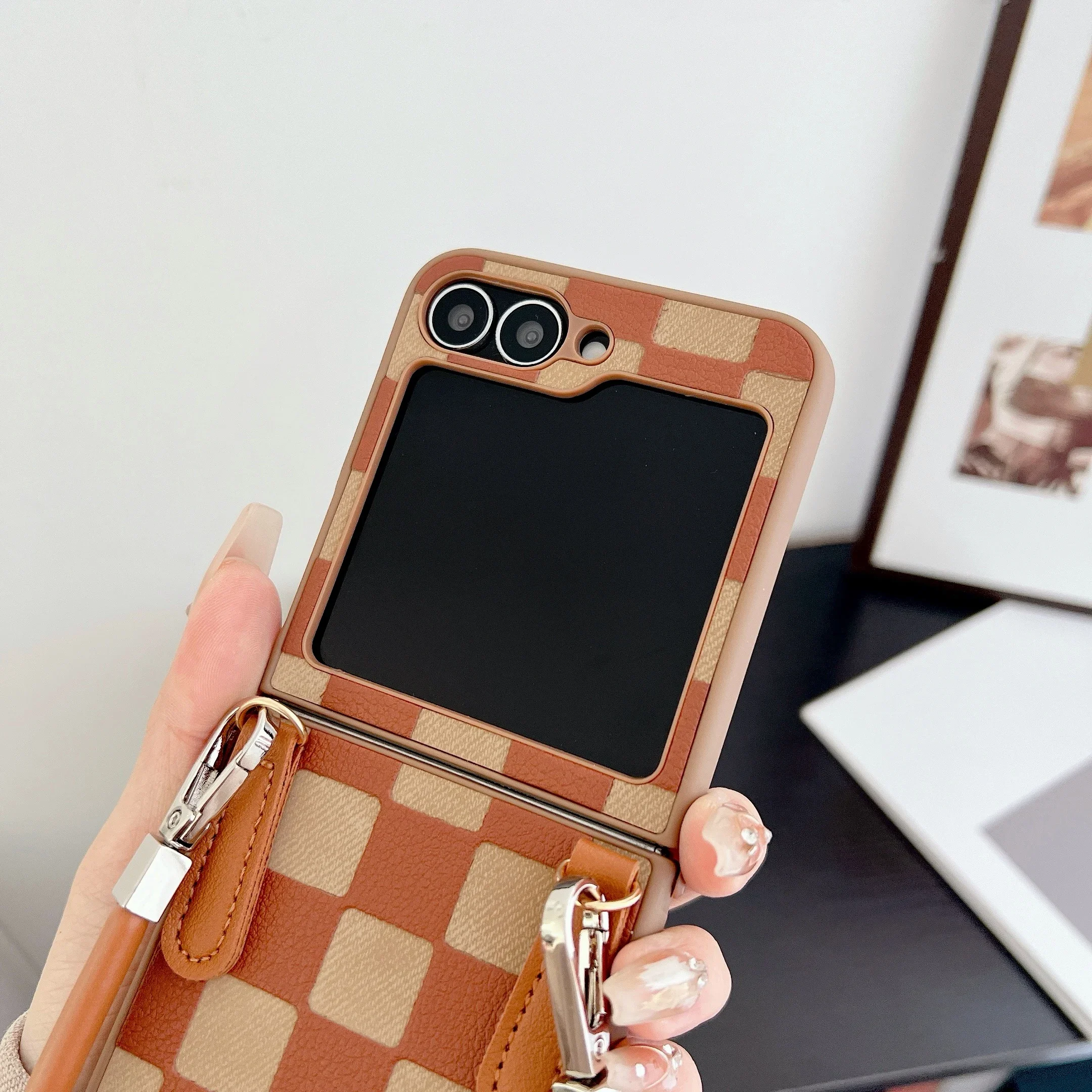 Plaid PU Leather Wrist Strap Shockproof Phone Case