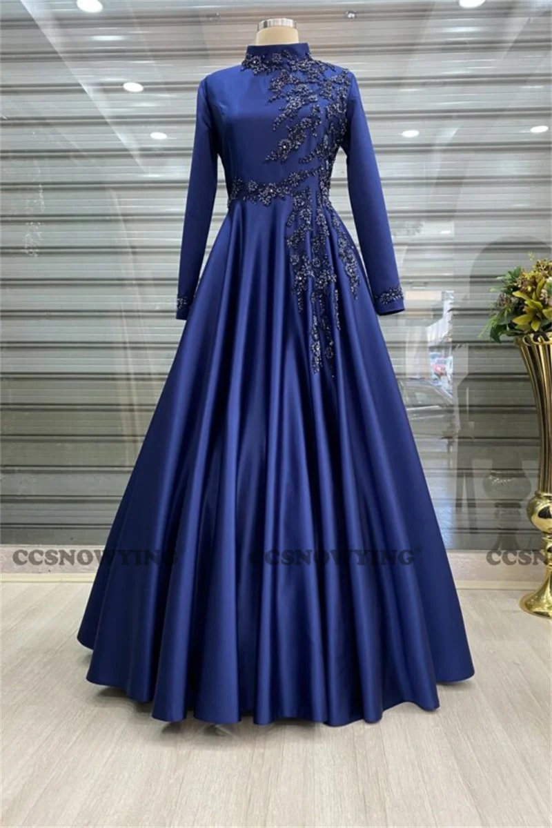 

Satin Appliques Long Sleeve Muslim Evening Dresses Arabic Dubai Hijab Formal Party Gown High Neck A Line Robe De Soiree