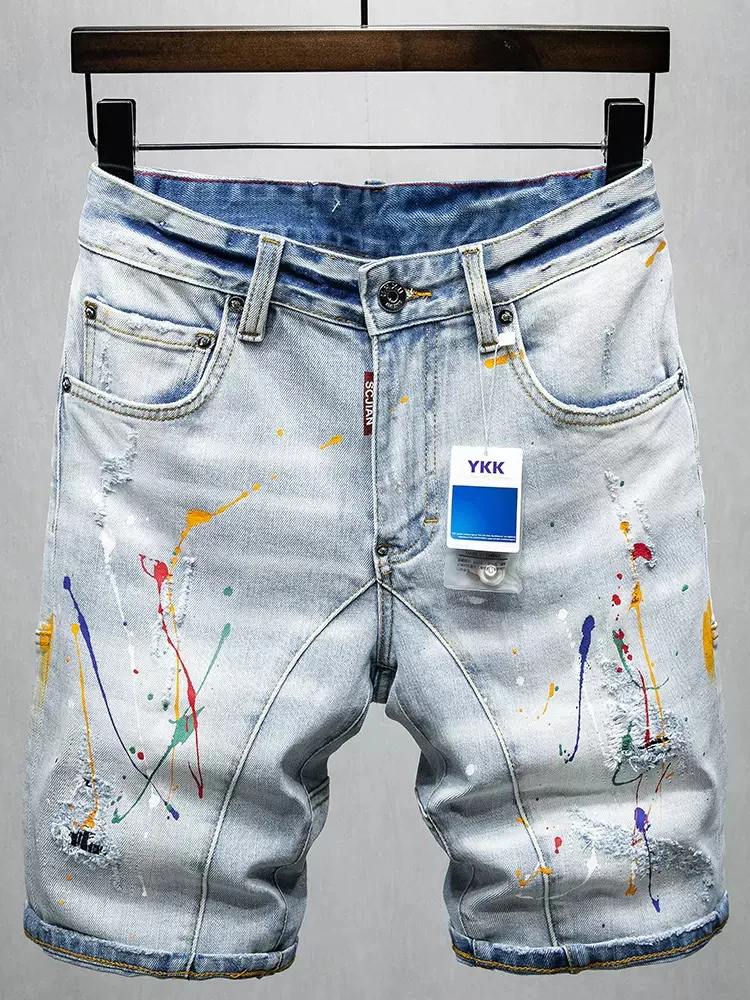 Summer Fashion Designer Men Jeans Retro Light Blue Elastic Stretch Ripped Short Jeans Painted Spliced Hip Hop Denim Shorts Men