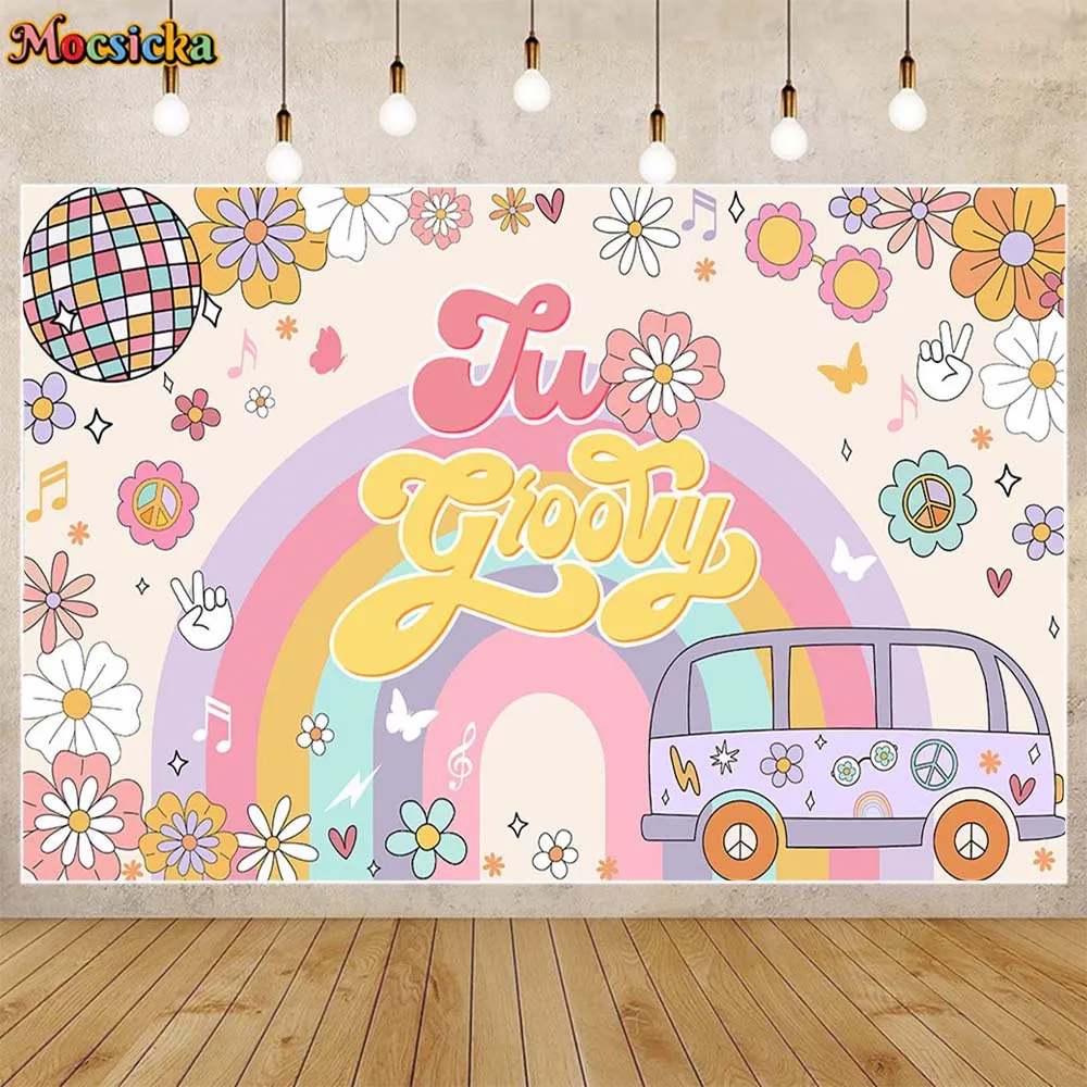 

Mocsicka Daisy Boho Rainbow Birthday Backdrop Two Groovy Retro Hippie Boys Girl 2nd Birthday Party Decor Photo Background Banner